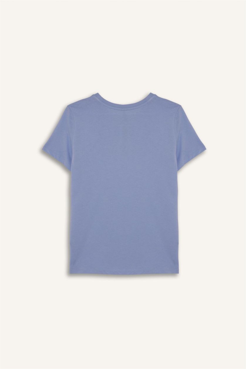 Kadın Mavi %100 Pamuk Baskılı Penye Tişört