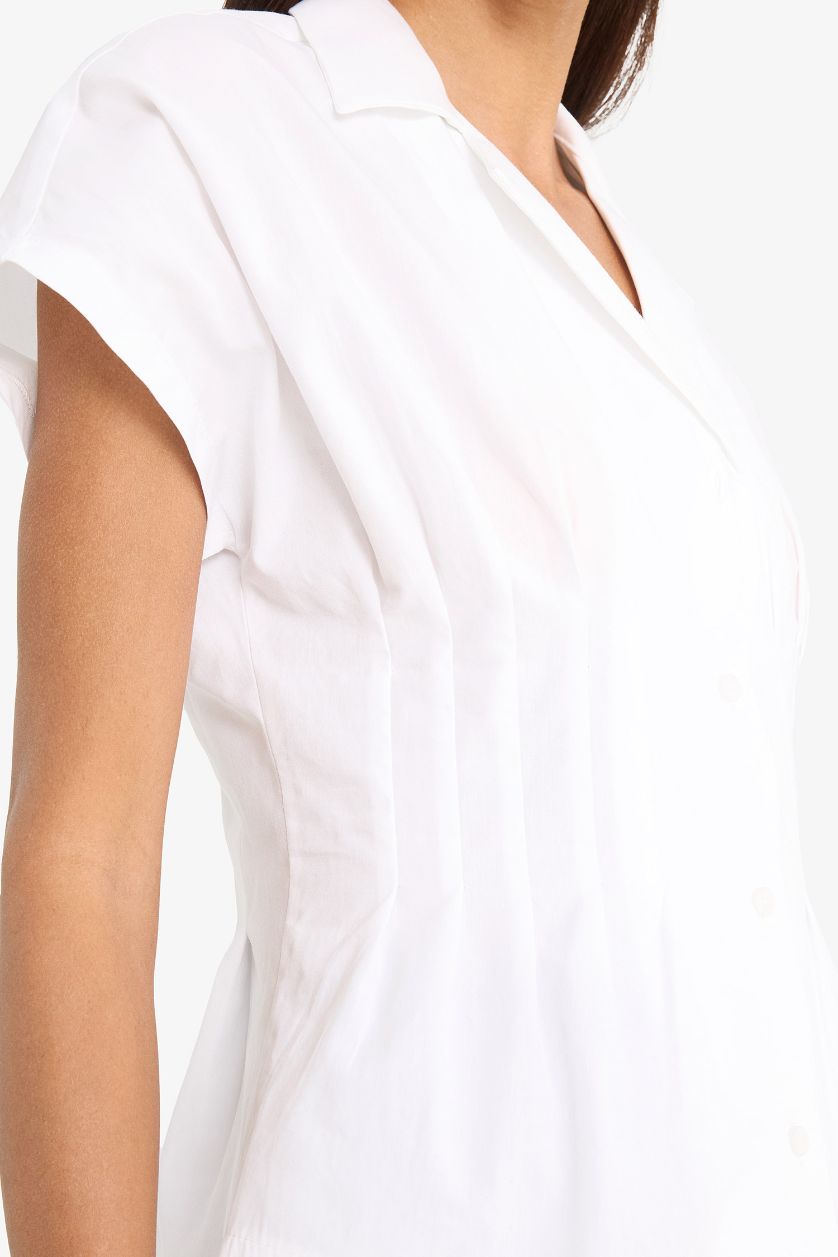 Woman White Slim Fit Shirt Collar Poplin Short Sleeve Shirt