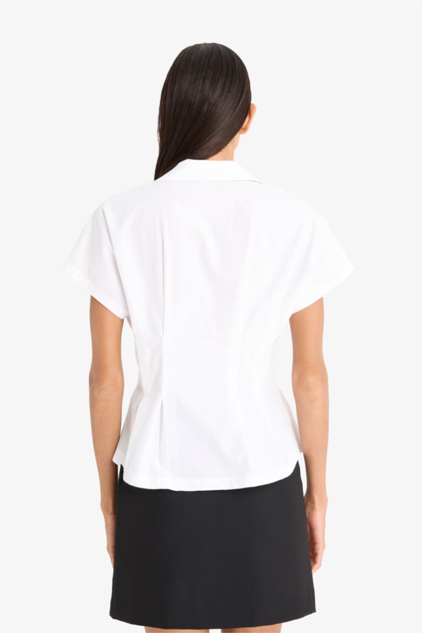 Woman White Slim Fit Shirt Collar Poplin Short Sleeve Shirt