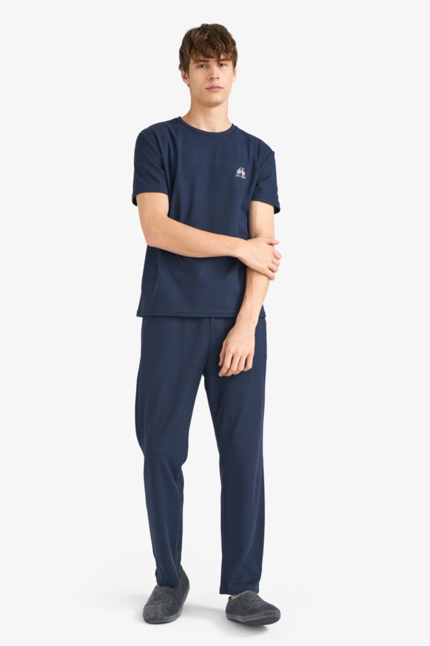 Erkek Lacivert Pijama Takımı Waffle Kısa Kollu Üst Uzun Alt  