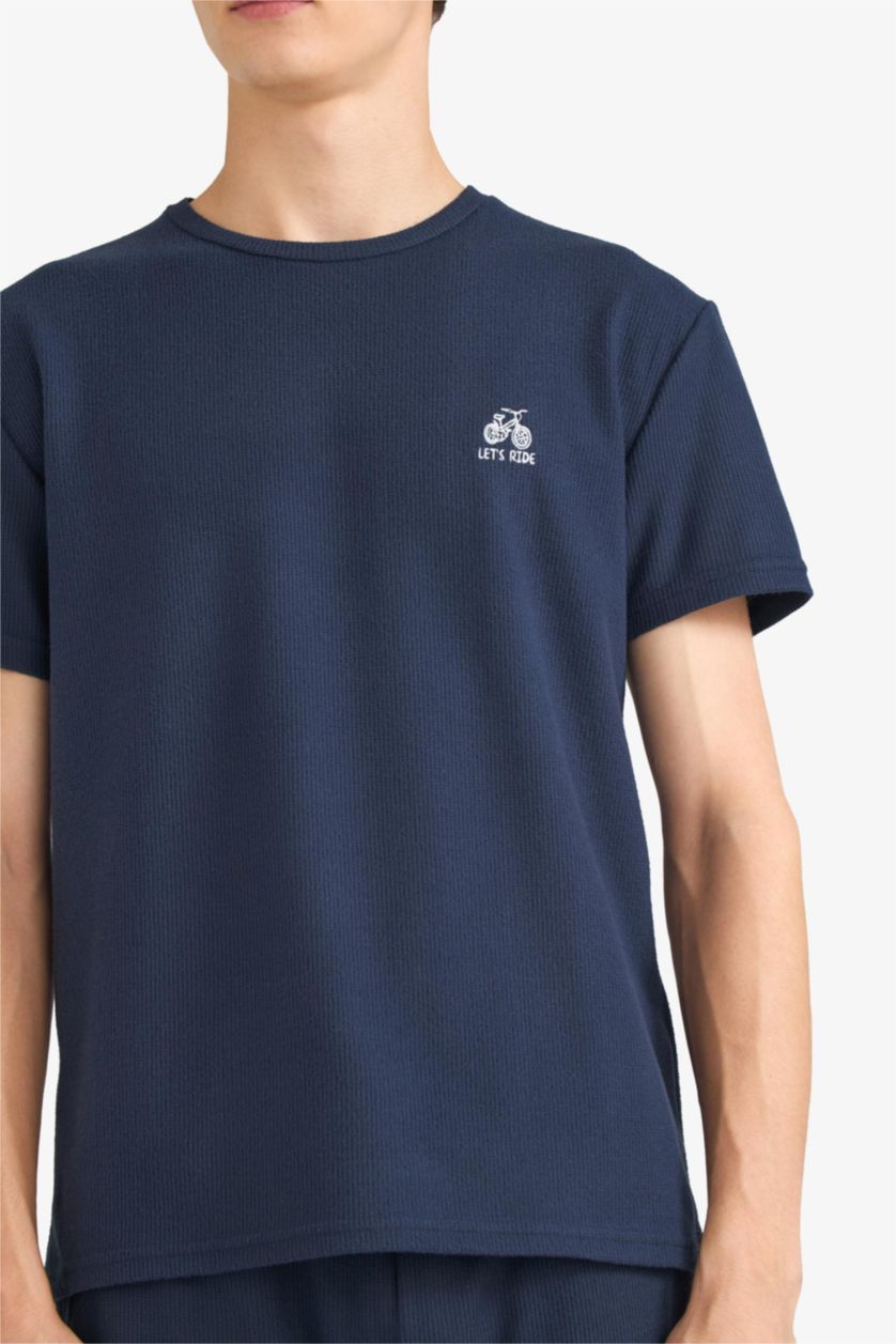 Erkek Lacivert Pijama Takımı Waffle Kısa Kollu Üst Uzun Alt  