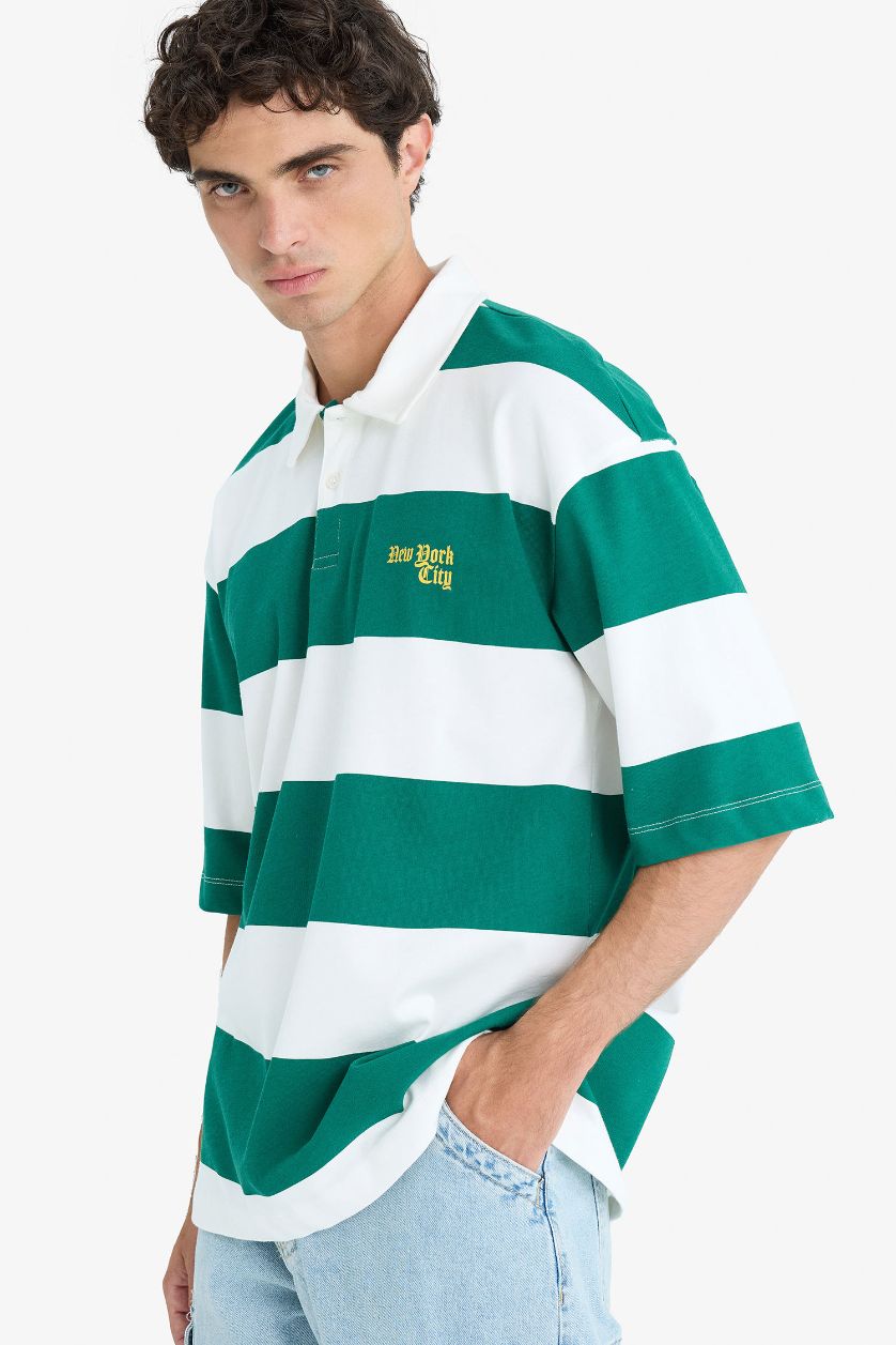 Erkek Yeşil %100 Pamuk Boxy Fit Polo Yaka Çizgili Kısa Kollu Tişört