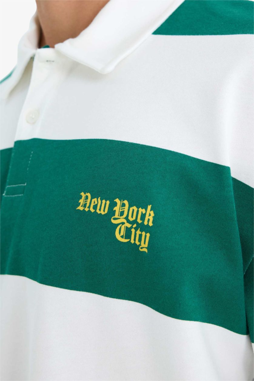 Erkek Yeşil %100 Pamuk Boxy Fit Polo Yaka Çizgili Kısa Kollu Tişört