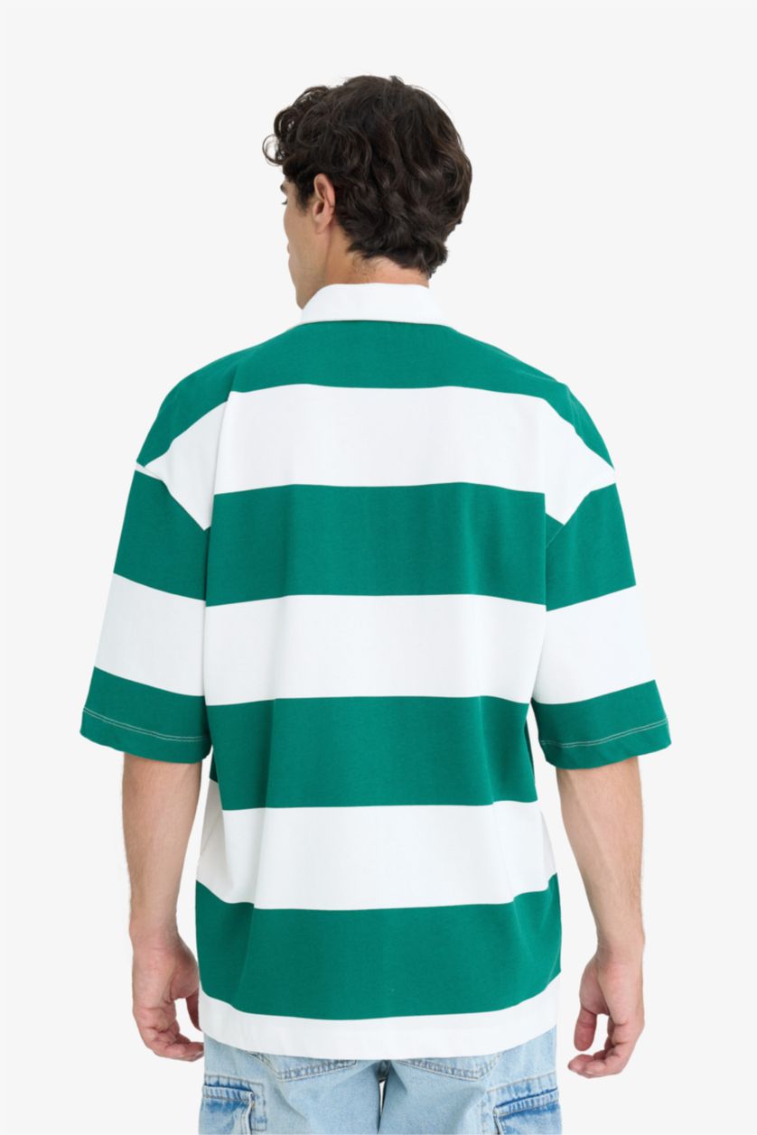 Erkek Yeşil %100 Pamuk Boxy Fit Polo Yaka Çizgili Kısa Kollu Tişört