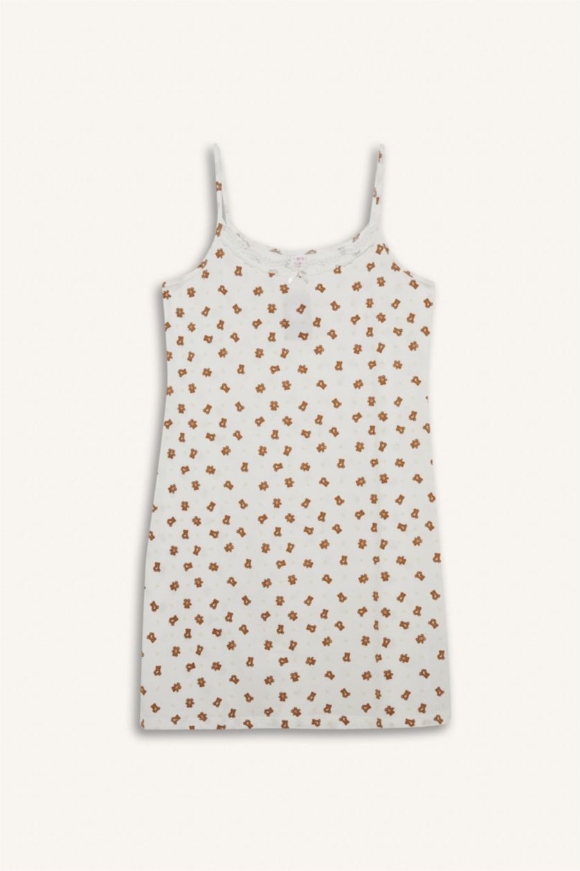 Kadın Ekru %100 Pamuk Regular Fıt U Yaka Askılı Gecelik