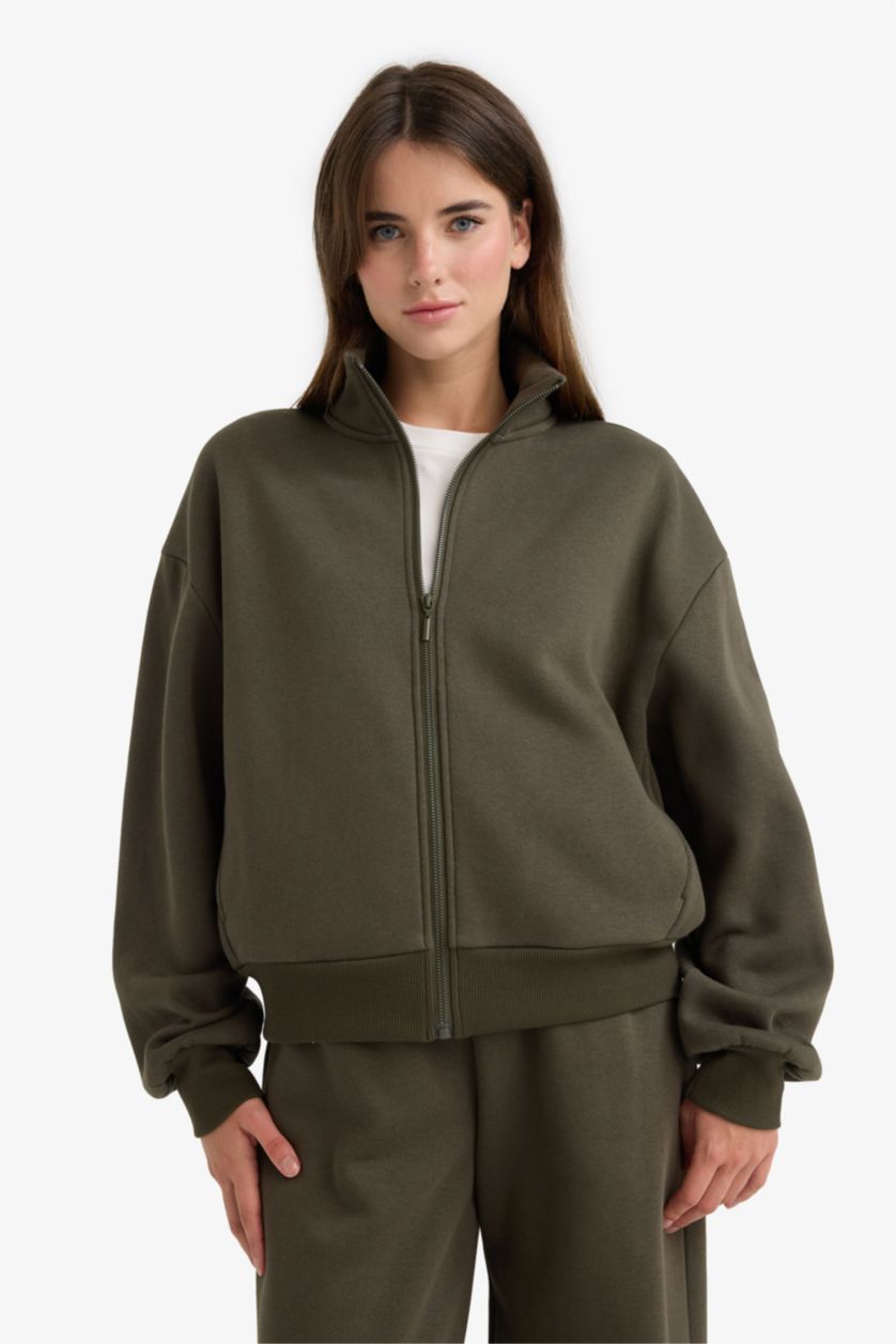 Әйелдерге Қараңғы Хаки бокси фит ұзартылған жаға Кардиган