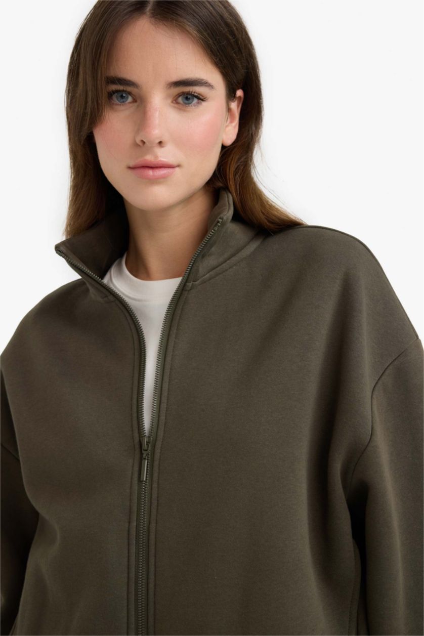 Әйелдерге Қараңғы Хаки бокси фит ұзартылған жаға Кардиган