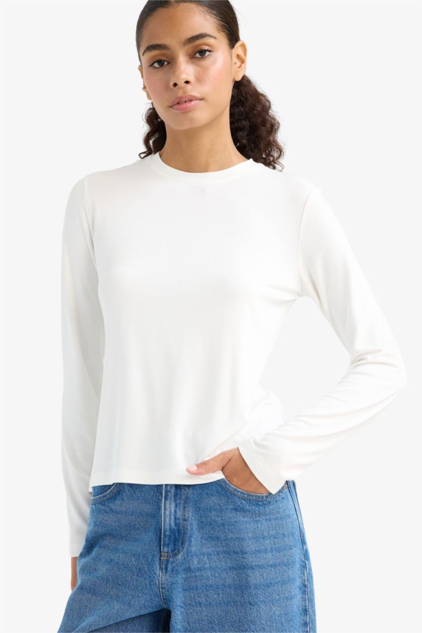 نساء أبيض تيشيرت ردن طويل سليم فيت قصة ضيقة وياخة مستديرة