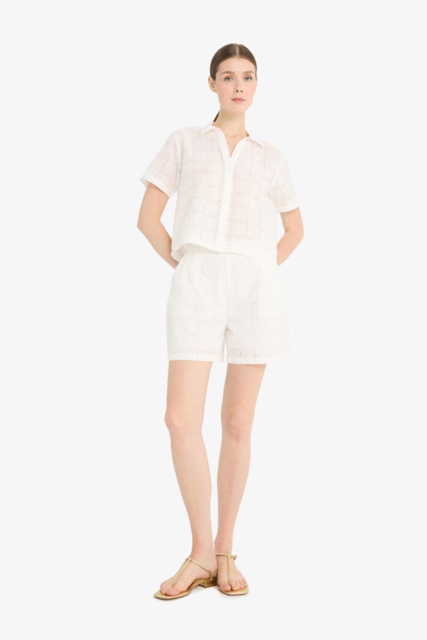 WOMAN White Regular Fit Straight Leg Embroidered Shorts