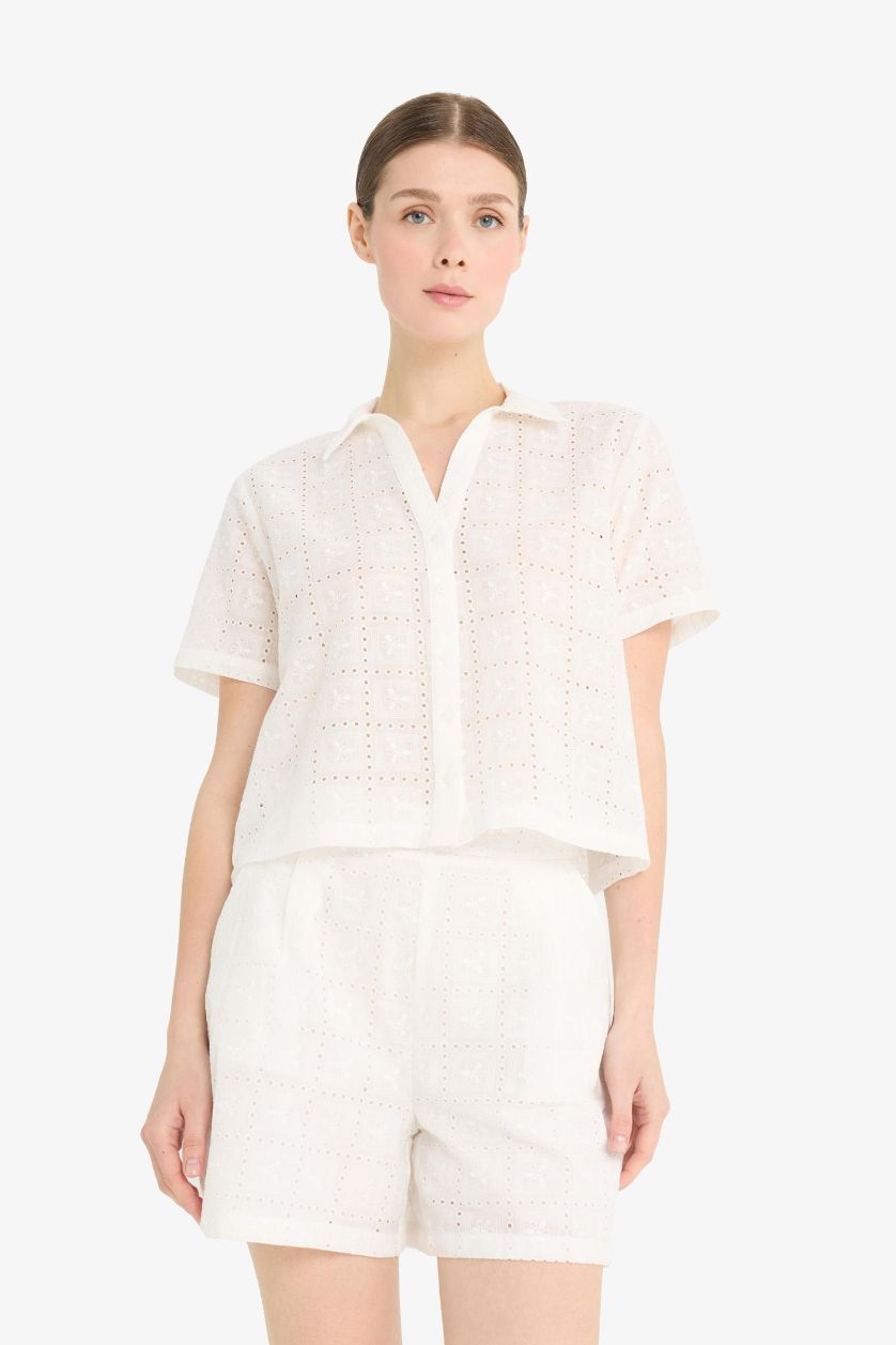 WOMAN White Regular Fit Straight Leg Embroidered Shorts