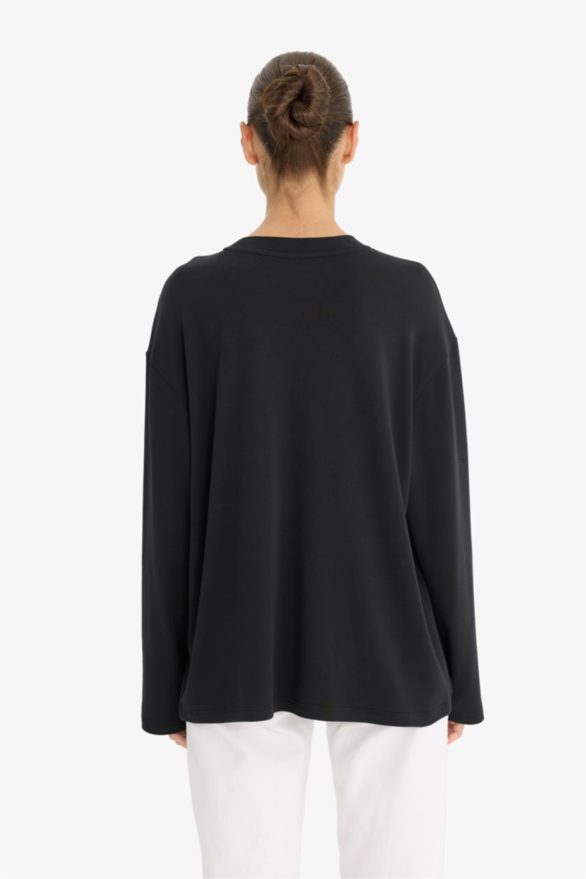 Женщины Черный Футболка с длинным рукавом, с круглым вырезом