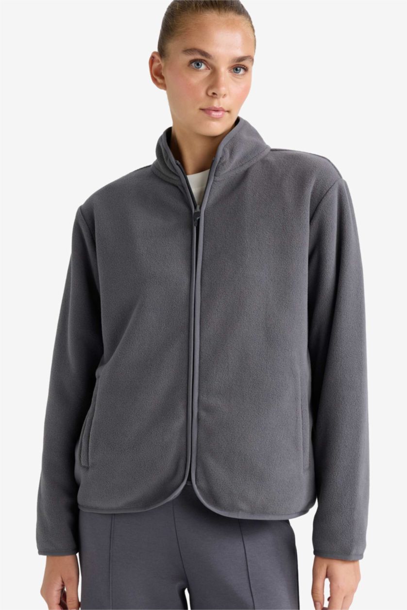 Woman Anthracite Regular Fit Half Turtleneck fleece Cardigan