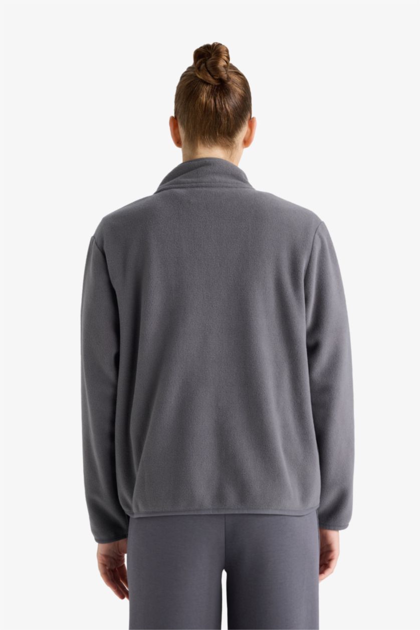 Woman Anthracite Regular Fit Half Turtleneck fleece Cardigan