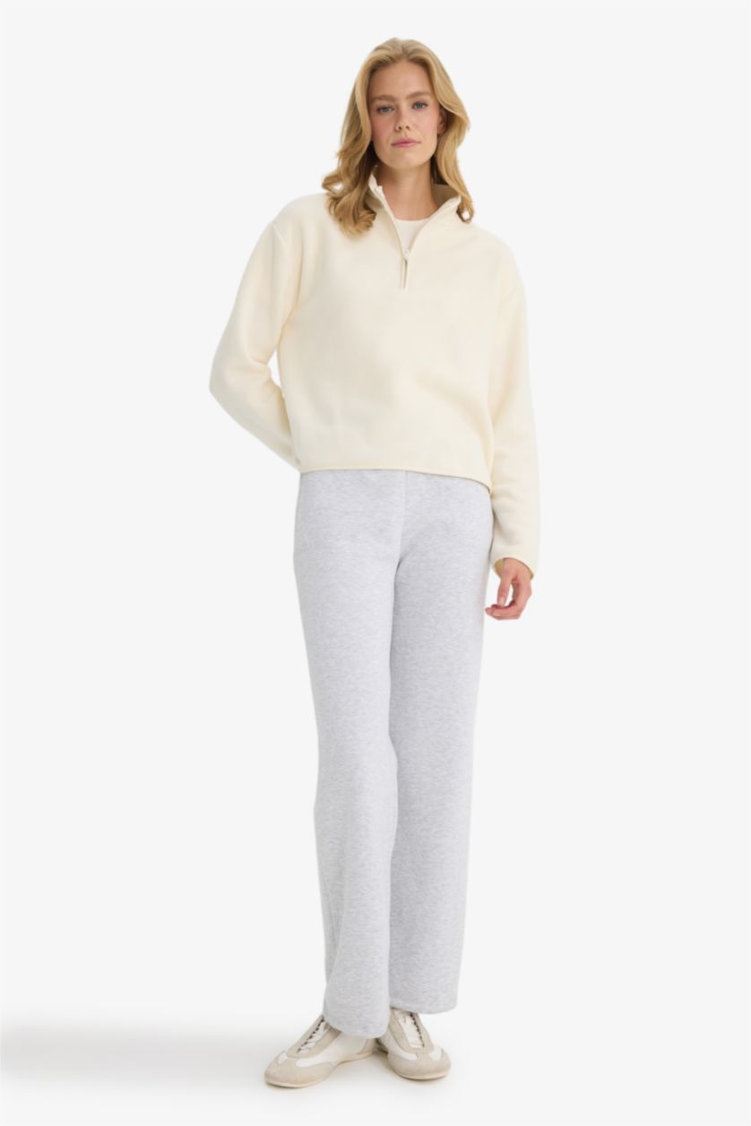 نساء بيج فاتح سويت شيرت قصة مريحة برقبة عالية