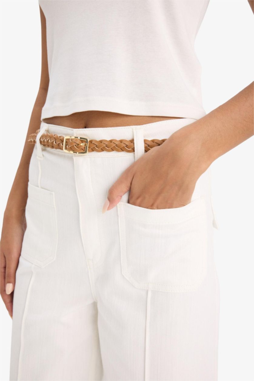 Kadın Ekru Regular Fit Cepli Yüksek Bel Kemerli Gabardin Pantolon