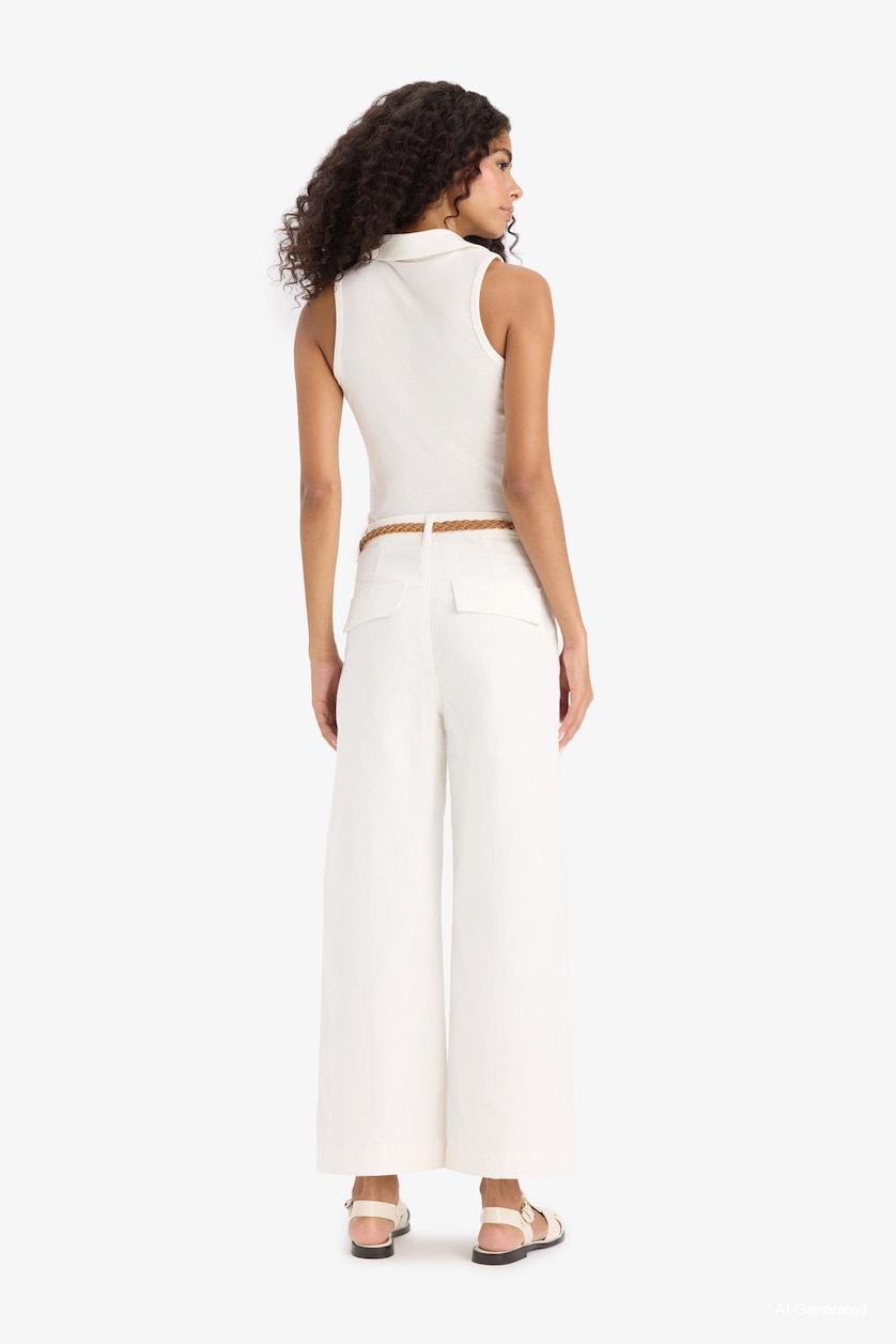 Woman Ecru High Waist Regular Fit Trousers