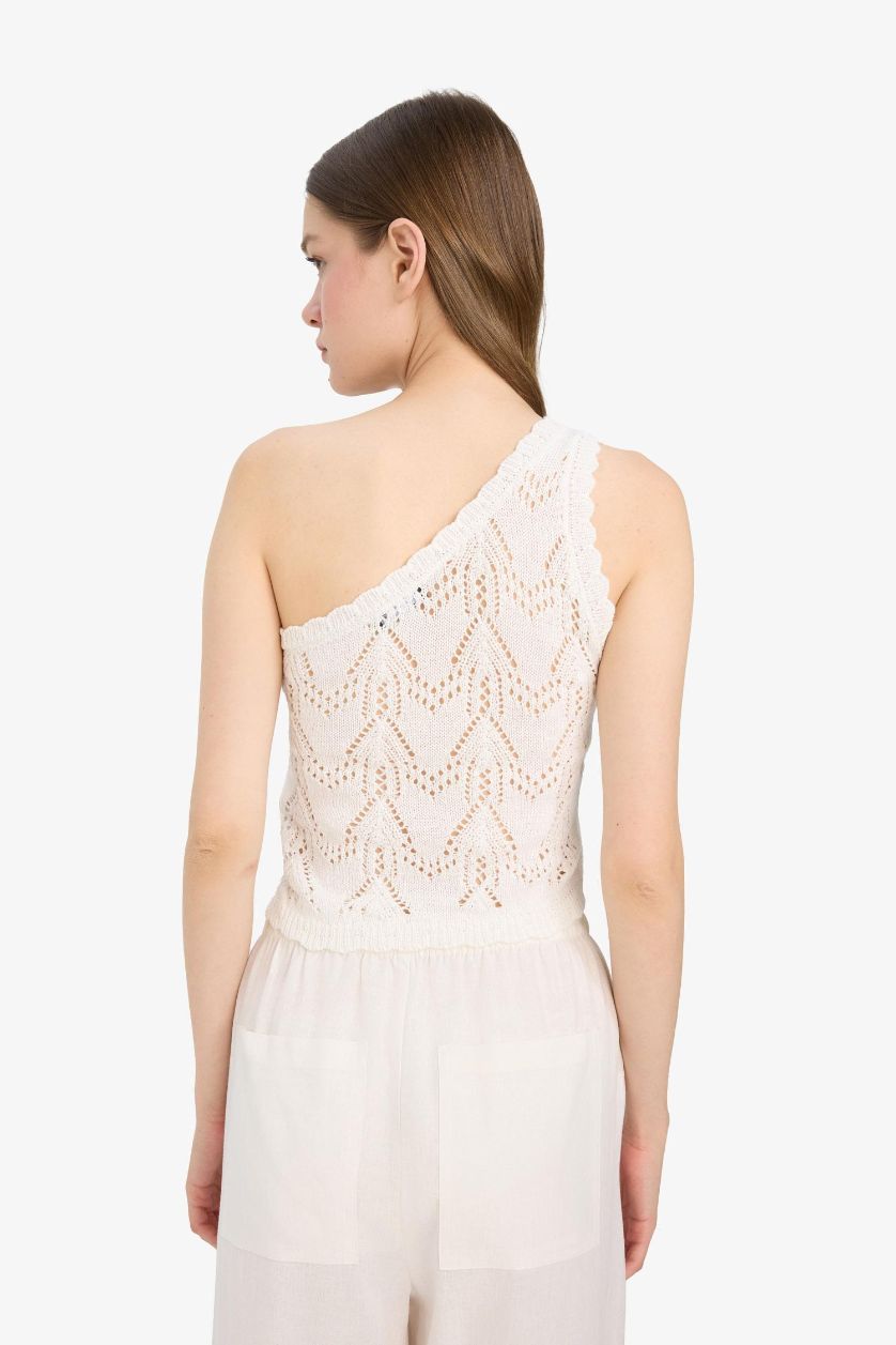 Woman Ecru One Shoulder Crochet Blouse