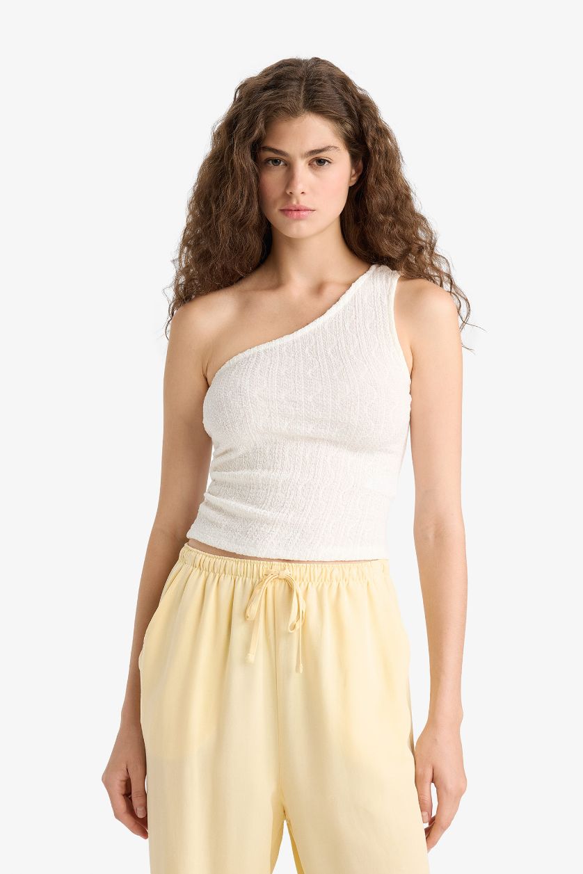 Kadın Kırık Beyaz Slim Fit Dar Kesim Tek Omuzlu Dantel Beyaz Atlet