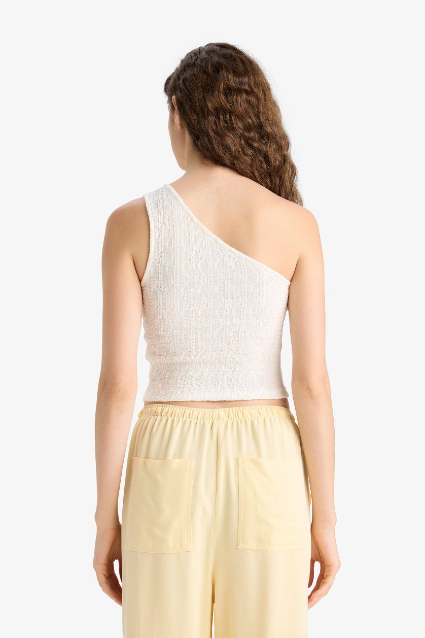 Kadın Kırık Beyaz Slim Fit Dar Kesim Tek Omuzlu Dantel Beyaz Atlet