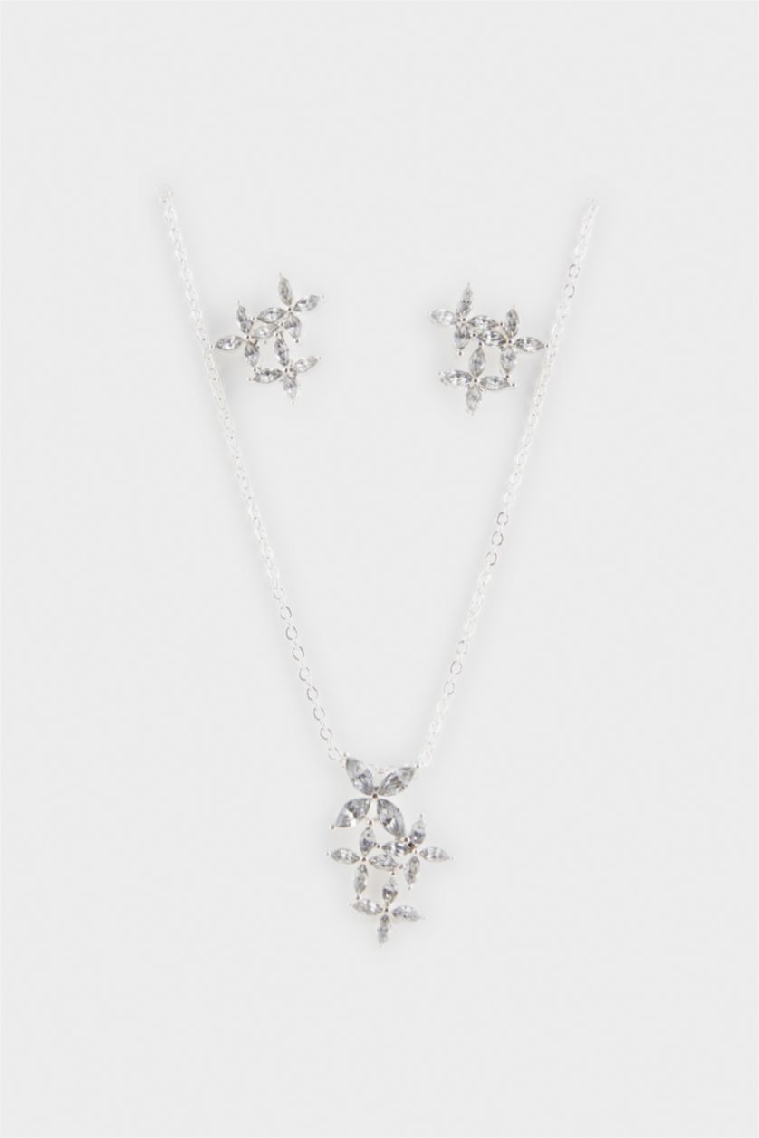 Kadın Gümüş Kadın Taşlı Çiçekli Silver Kolye Küpe Seti