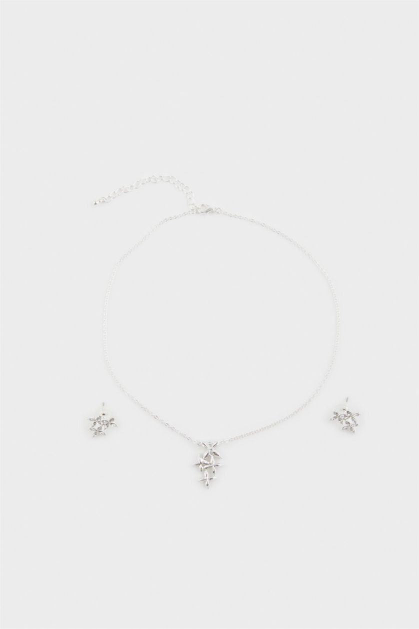 Kadın Gümüş Kadın Taşlı Çiçekli Silver Kolye Küpe Seti