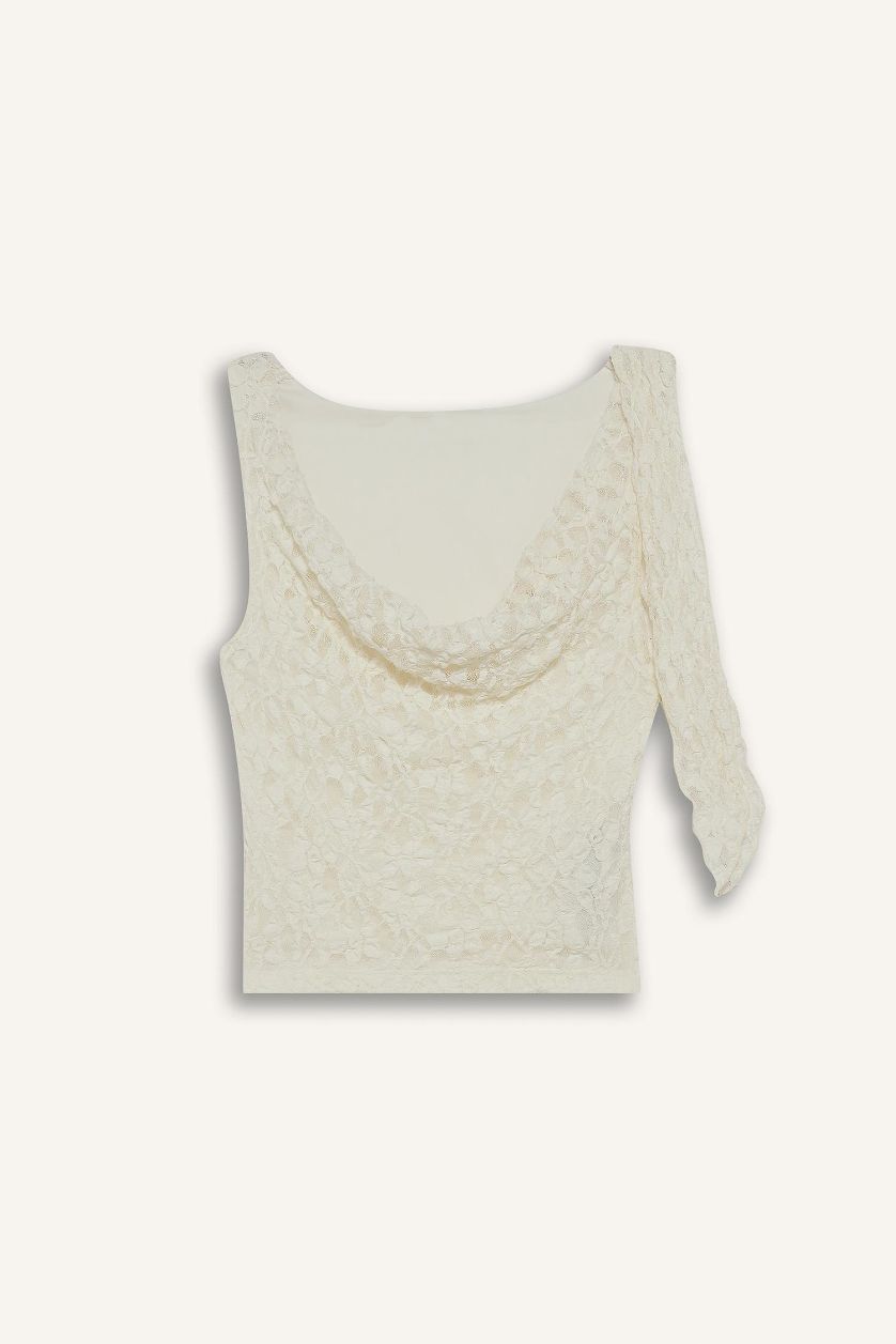 WOMAN Ecru Slim Fit Cowl Neck Single Sleeve Lace Blouse