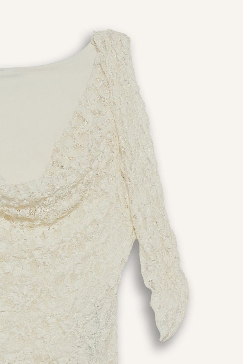 WOMAN Ecru Slim Fit Cowl Neck Single Sleeve Lace Blouse