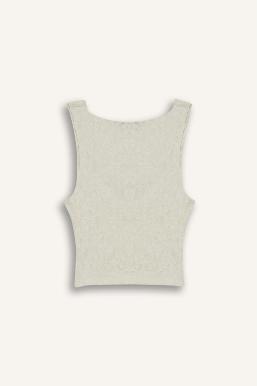 WOMAN Ecru Slim Fit Cowl Neck Single Sleeve Lace Blouse