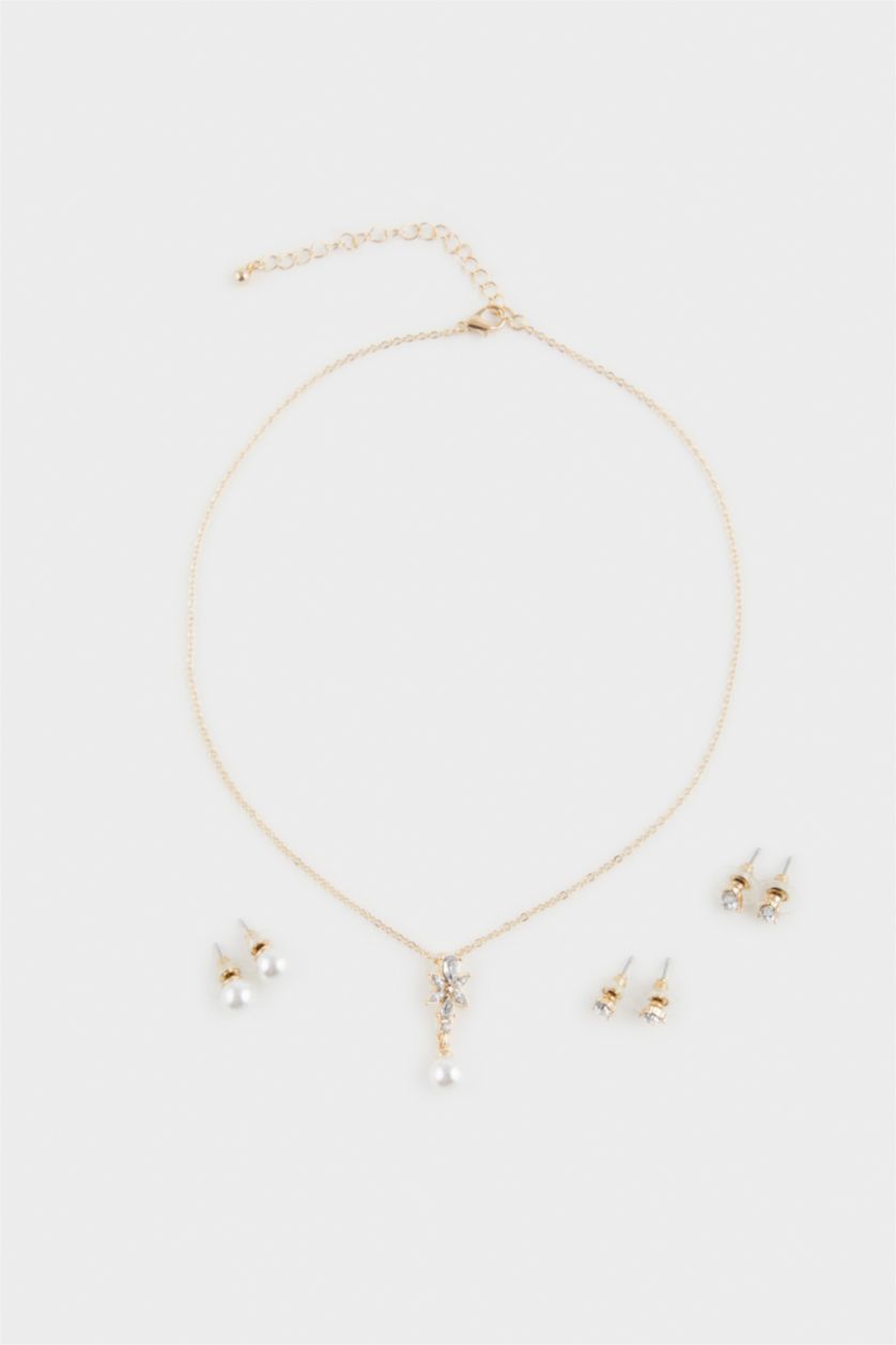 Kadın Altın Kadın İnci ve Çiçek Detaylı Gold Kolye Küpe Seti