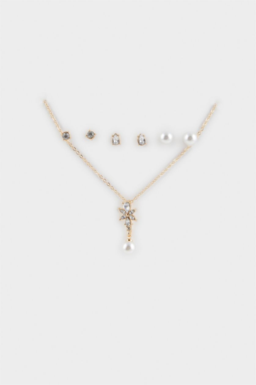 Kadın Altın Kadın İnci ve Çiçek Detaylı Gold Kolye Küpe Seti