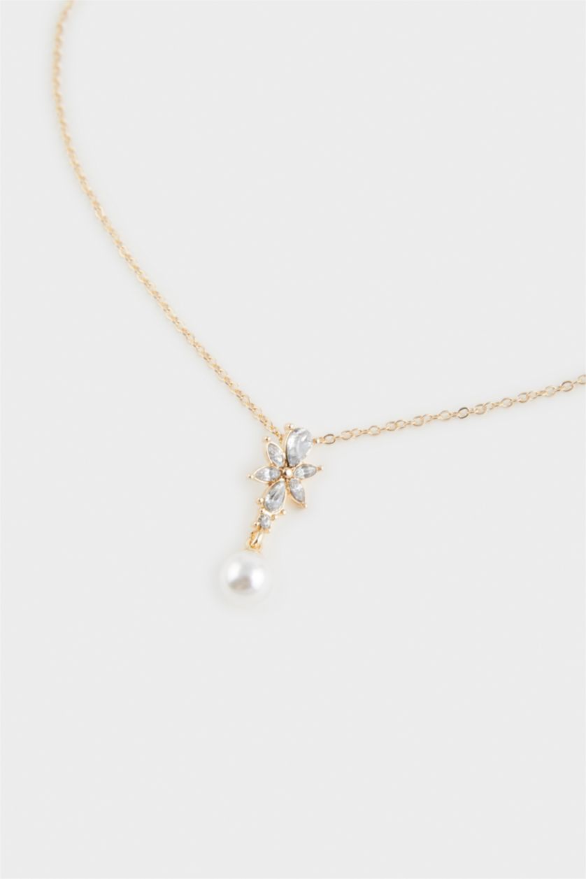 Kadın Altın Kadın İnci ve Çiçek Detaylı Gold Kolye Küpe Seti