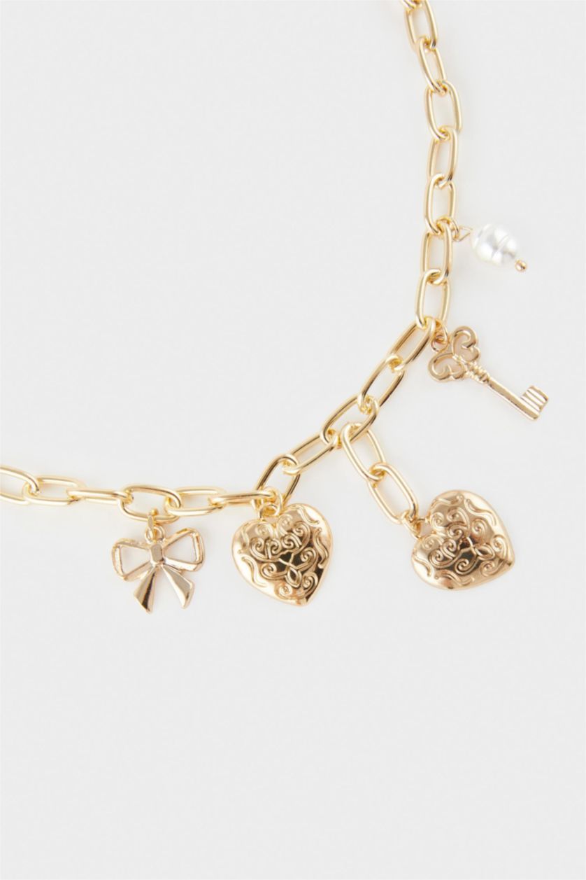 Kadın Altın Kadın Kalp Charmlı Gold Kolye