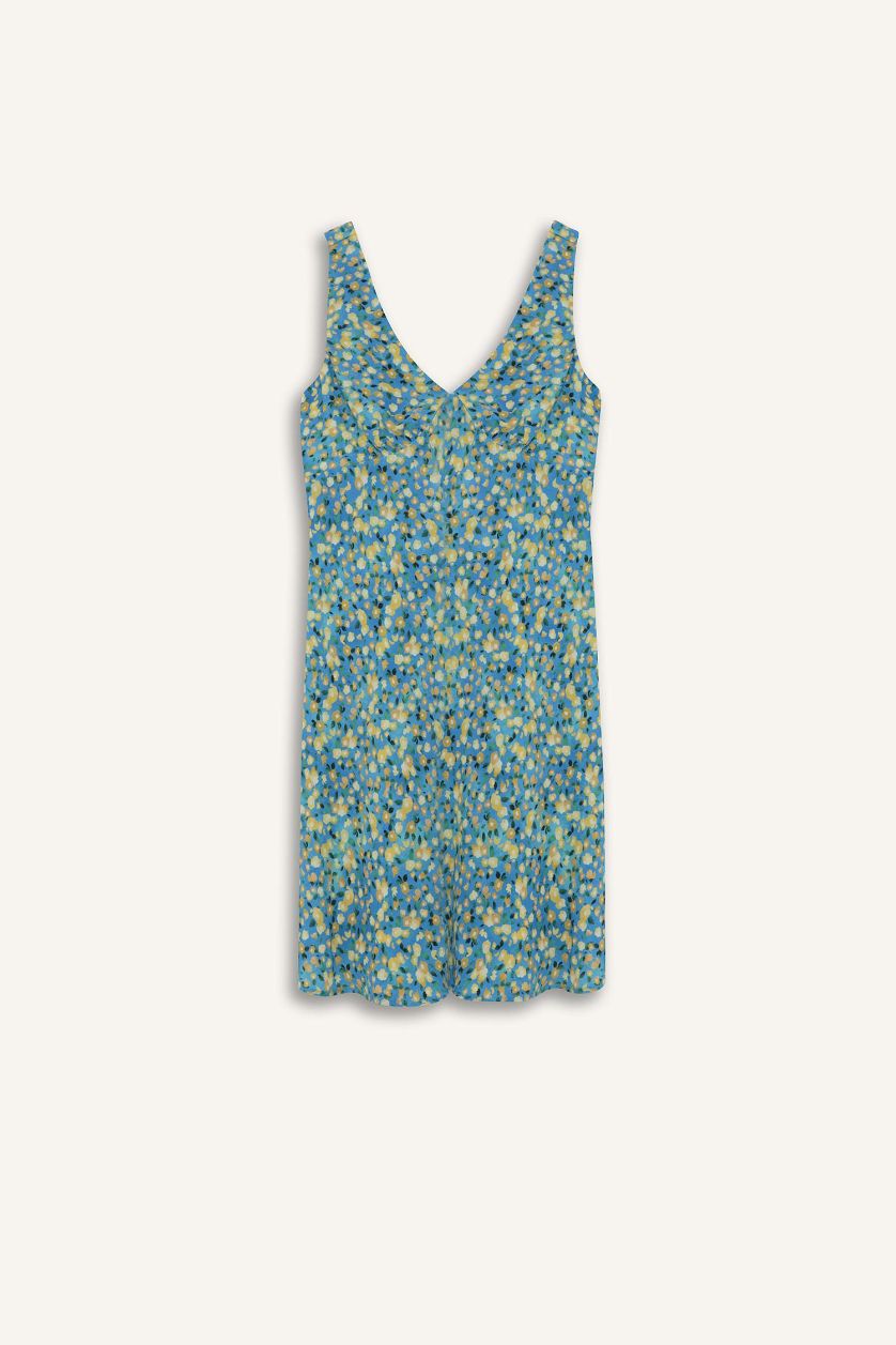 Kadın Mavi V Yaka Çiçekli Maroken Kolsuz Mini Elbise