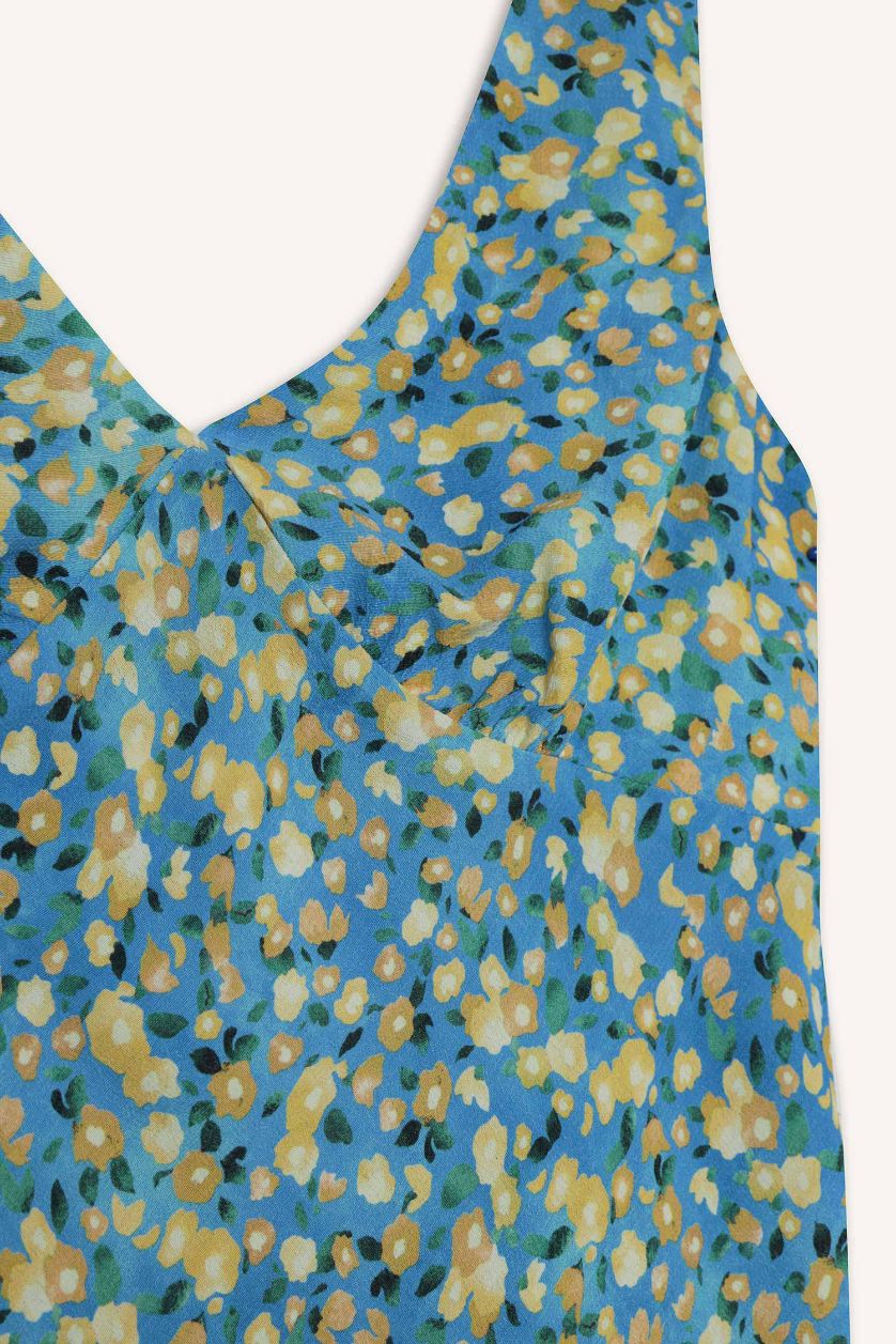 Kadın Mavi V Yaka Çiçekli Maroken Kolsuz Mini Elbise