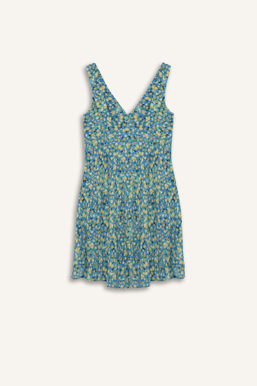 Kadın Mavi V Yaka Çiçekli Maroken Kolsuz Mini Elbise