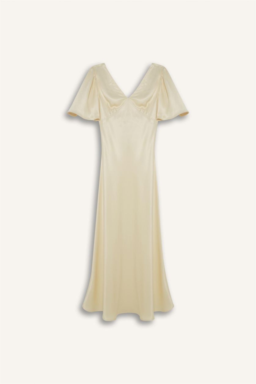 Kadın Ekru V Yaka Saten Kısa Kollu Midi Elbise