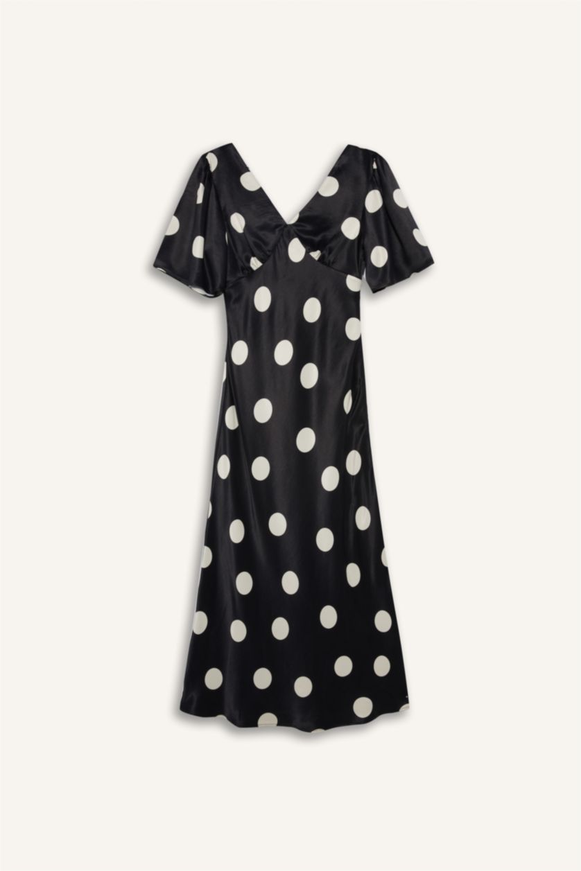 Kadın Siyah V Yaka Saten Puantiyeli Kısa Kollu Midi Elbise