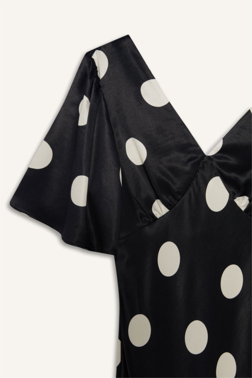 Kadın Siyah V Yaka Saten Puantiyeli Kısa Kollu Midi Elbise