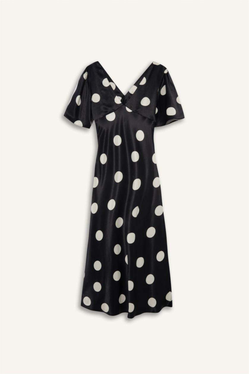Kadın Siyah V Yaka Saten Puantiyeli Kısa Kollu Midi Elbise