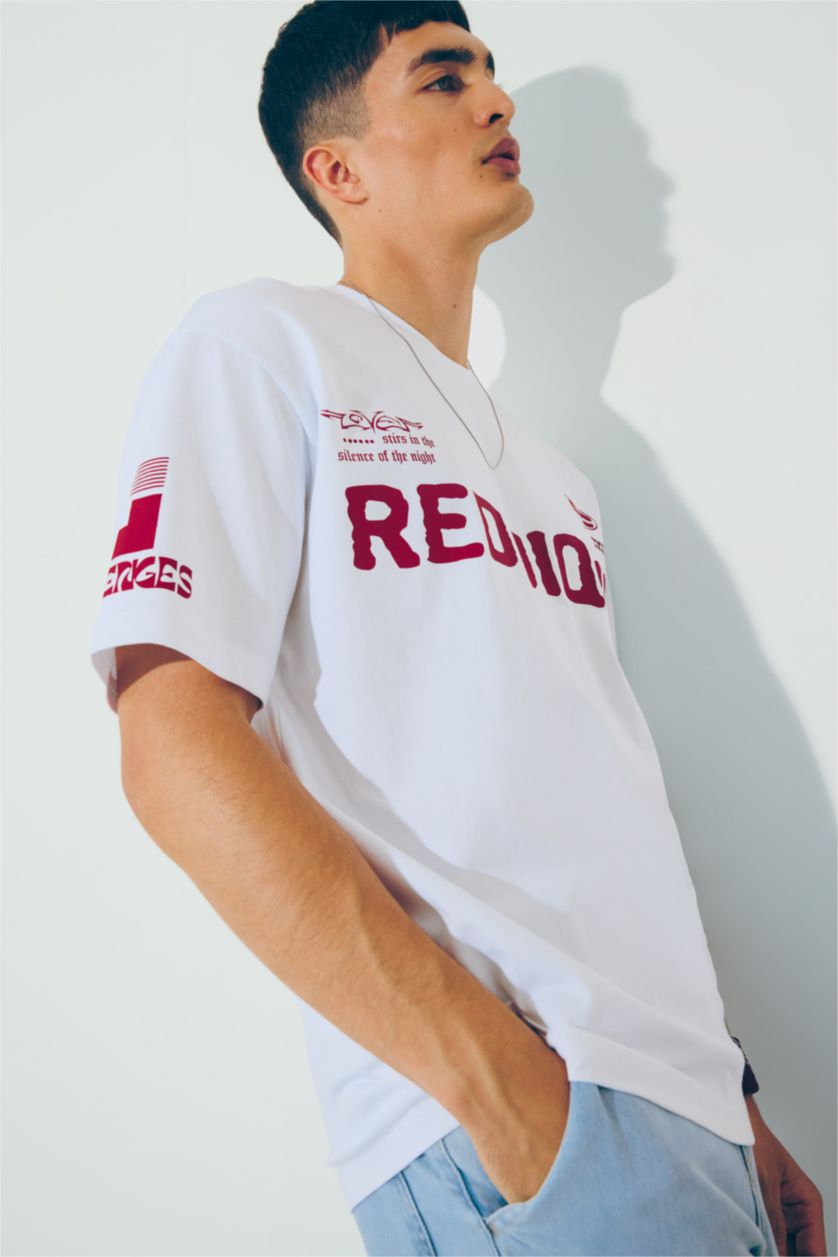 Erkek Ekru Boxy Fıt Bisiklet Yaka Baskılı Kısa Kollu Tişört