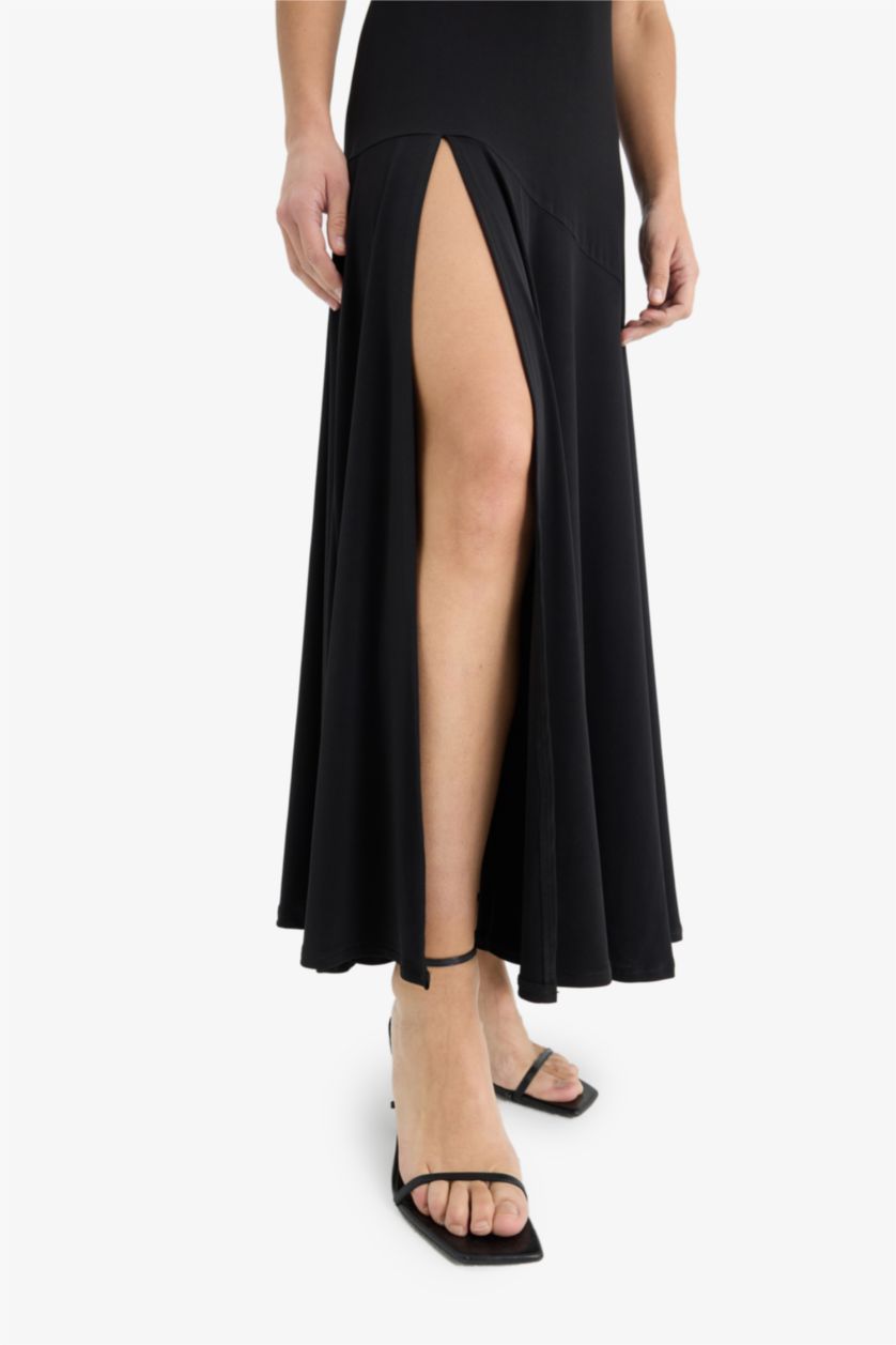 Kadın Siyah Bisiklet Yaka Yırtmaçlı Kolsuz Maxi Siyah Yazlık Elbise