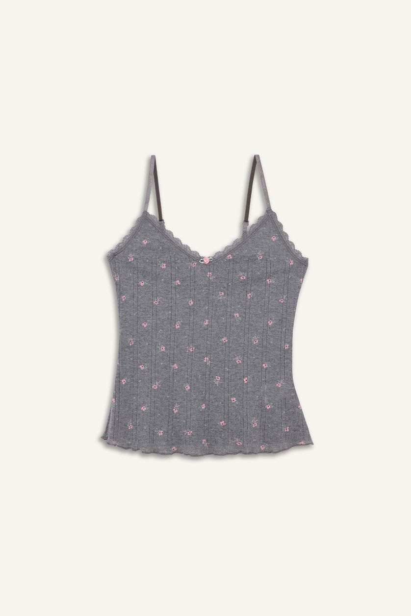 Woman Grey Melange Floral Cotton Tank Top