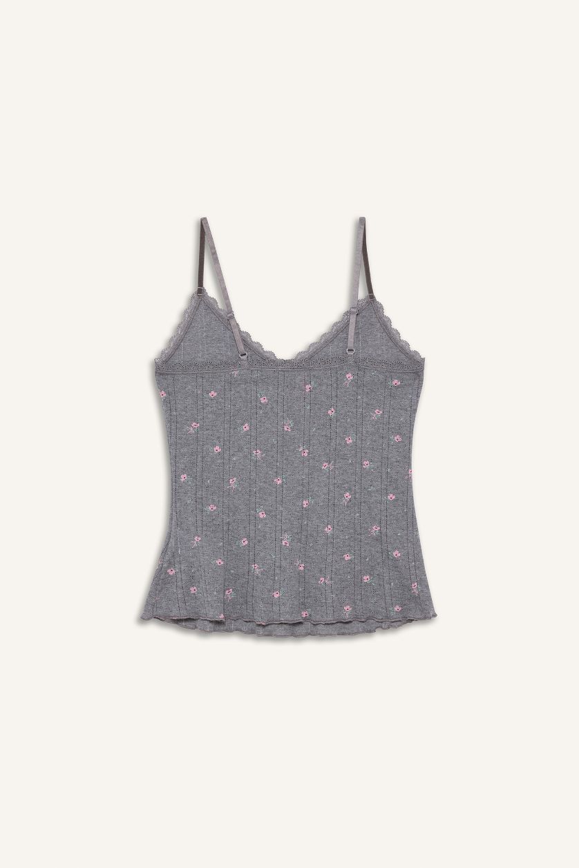 Woman Grey Melange Floral Cotton Tank Top