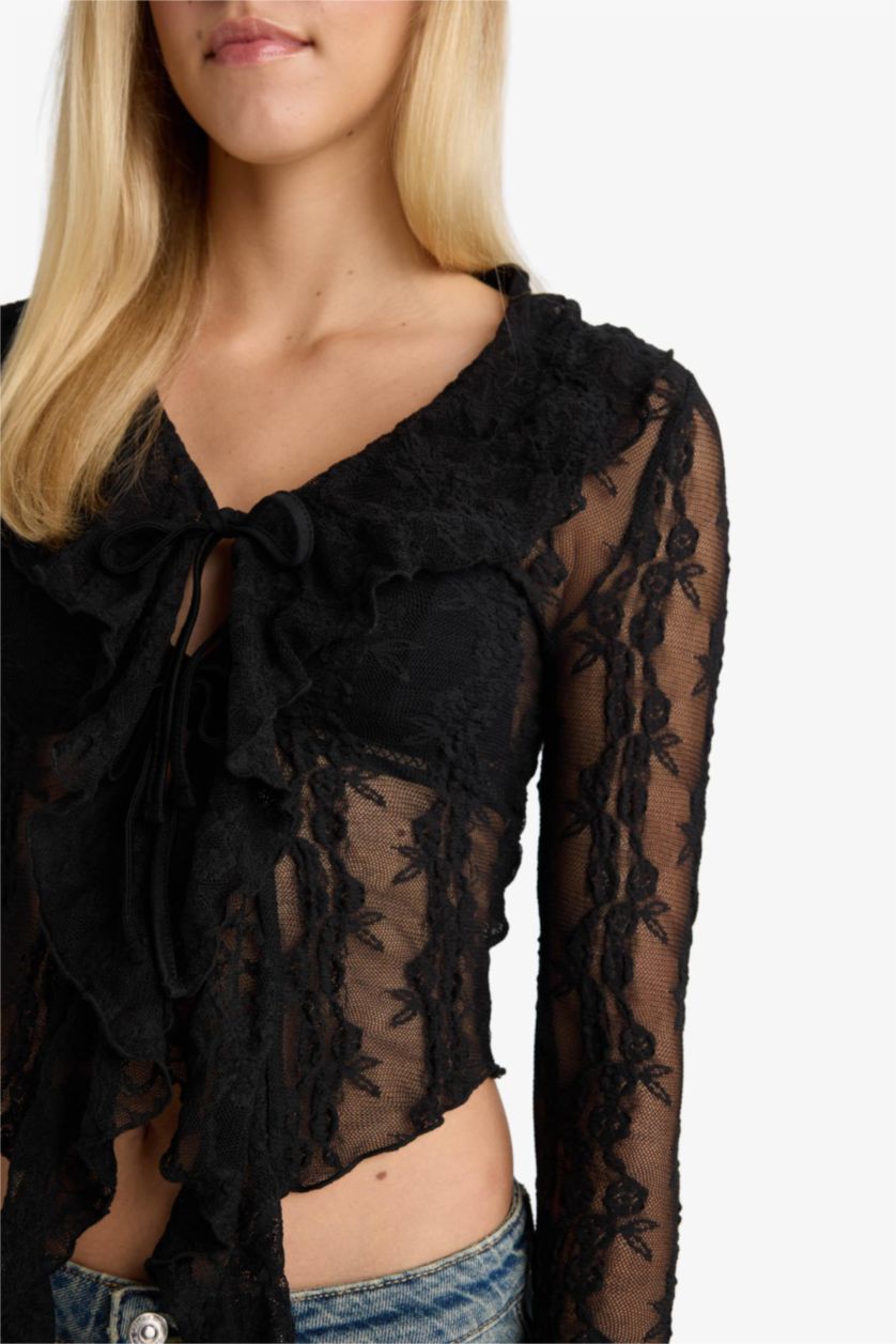 Kadın Siyah Slim Fit Dar Kesim V Yaka Dantel Önden Bağlamalı Uzun Kollu Bluz