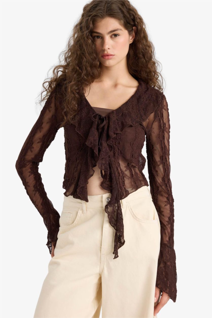 FEMME Marron Blouse slim en dentelle à col V et manches longues