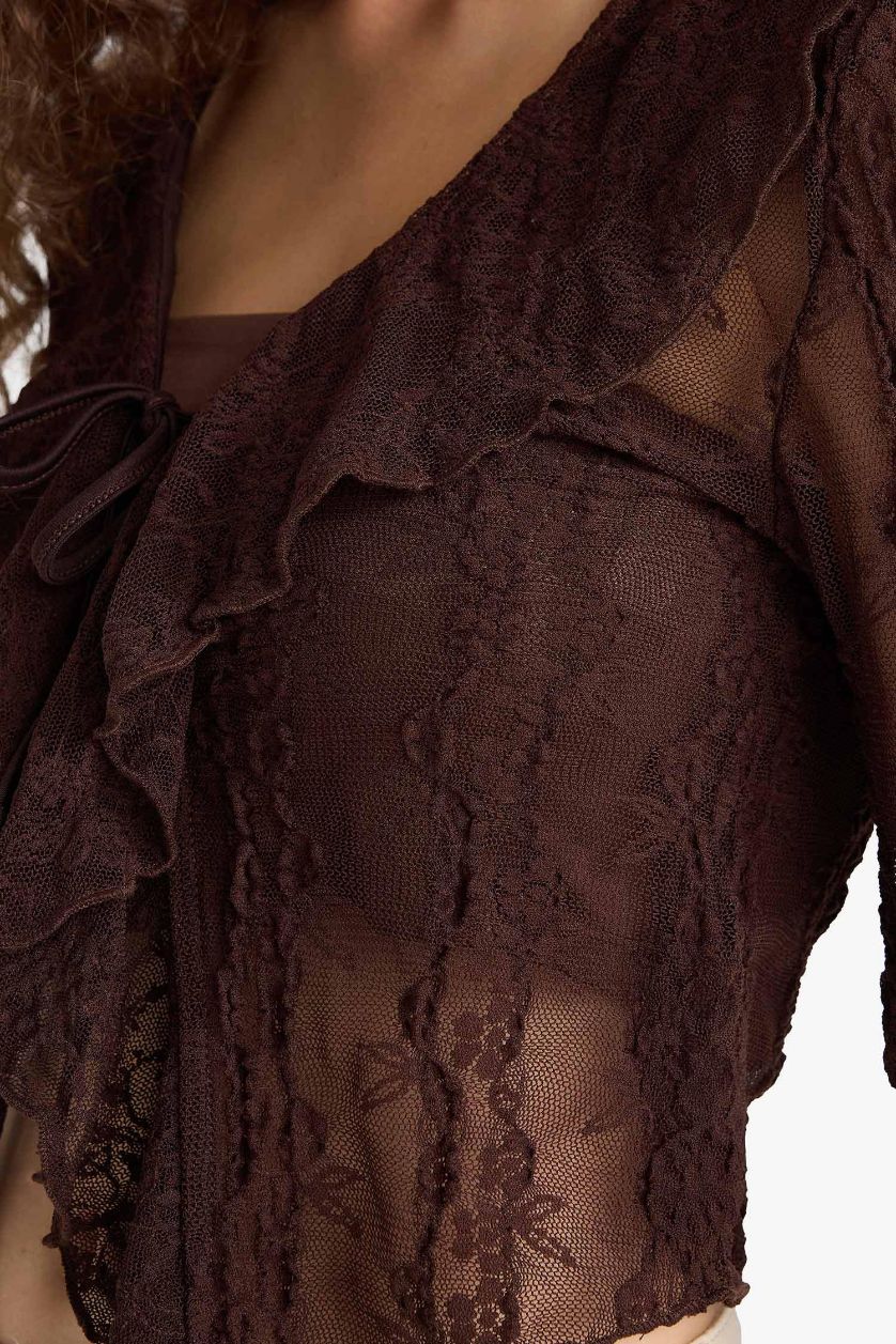 FEMME Marron Blouse slim en dentelle à col V et manches longues