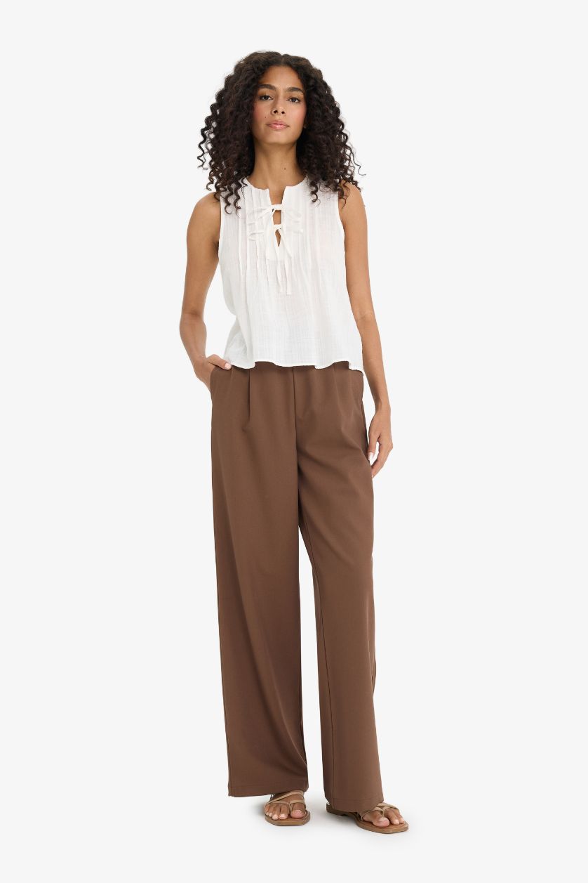 نساء بيج فاتح بلوزة كت قصة عادية بياخة مستديرة برباط من الأمام