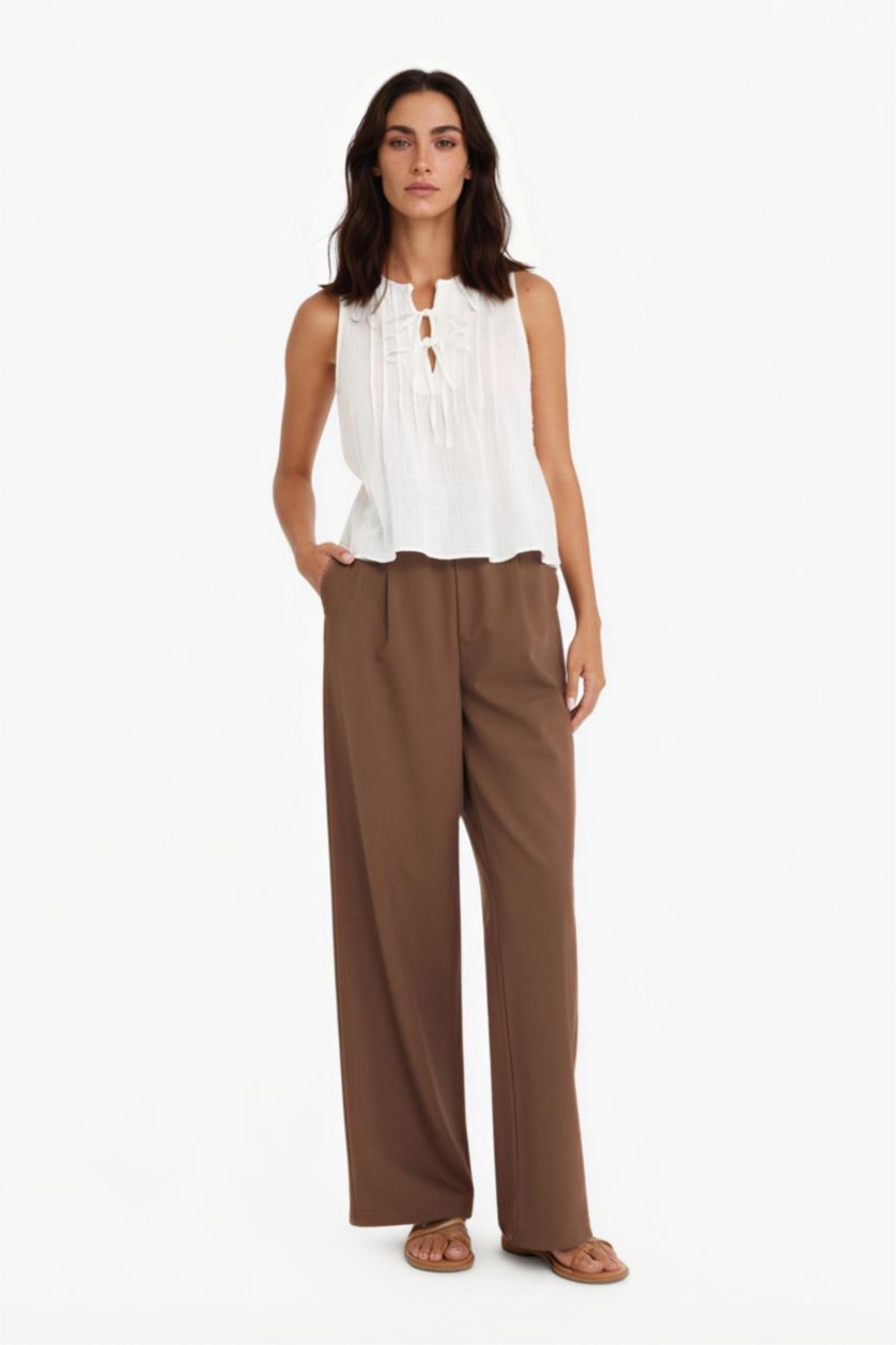 نساء بيج فاتح بلوزة بدون أكمام قصة عادية برقبة مستديرة بأربطة أمامية