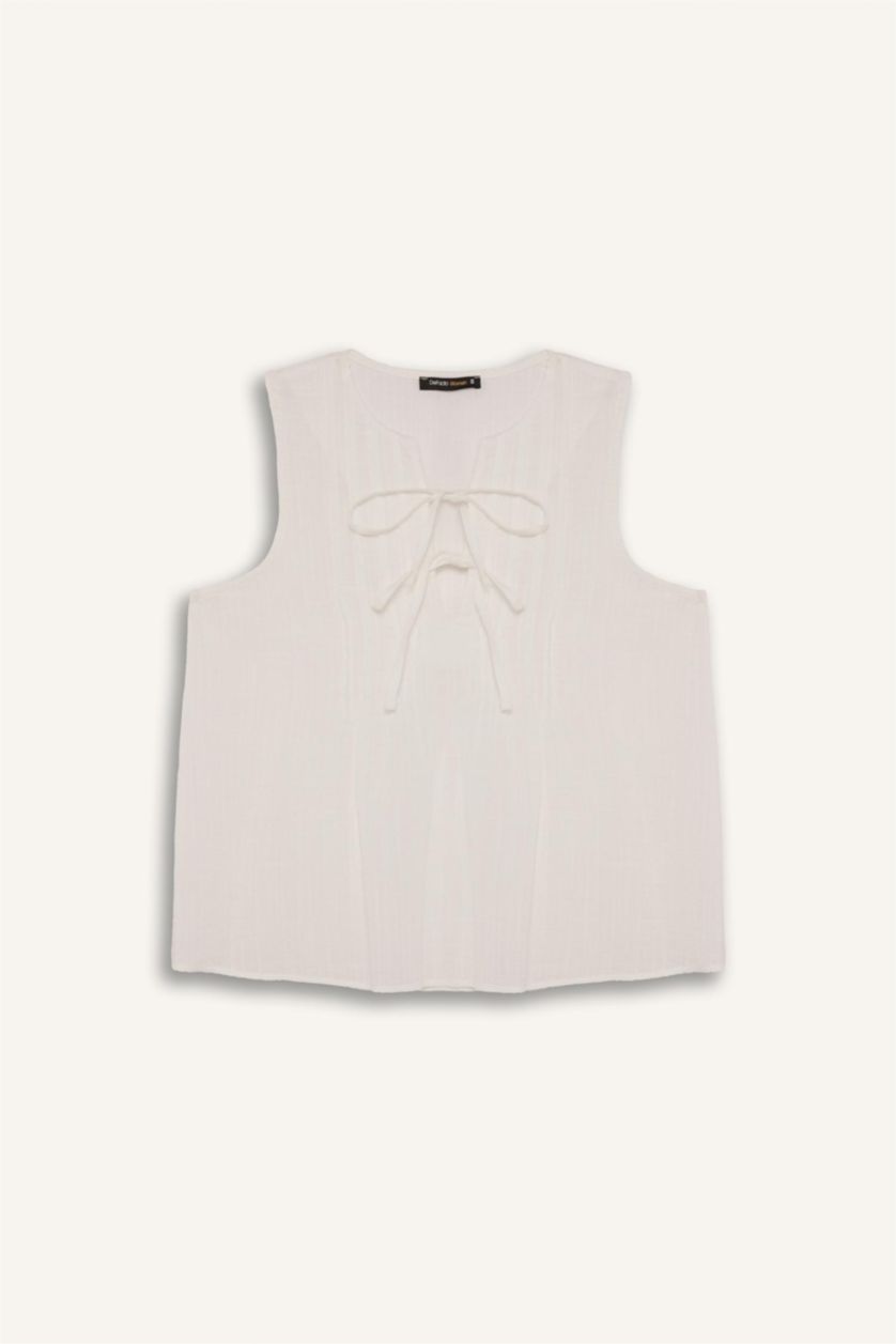 نساء بيج فاتح بلوزة بدون أكمام قصة عادية برقبة مستديرة بأربطة أمامية