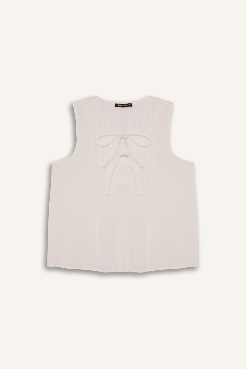 نساء بيج فاتح بلوزة كت قصة عادية بياخة مستديرة برباط من الأمام